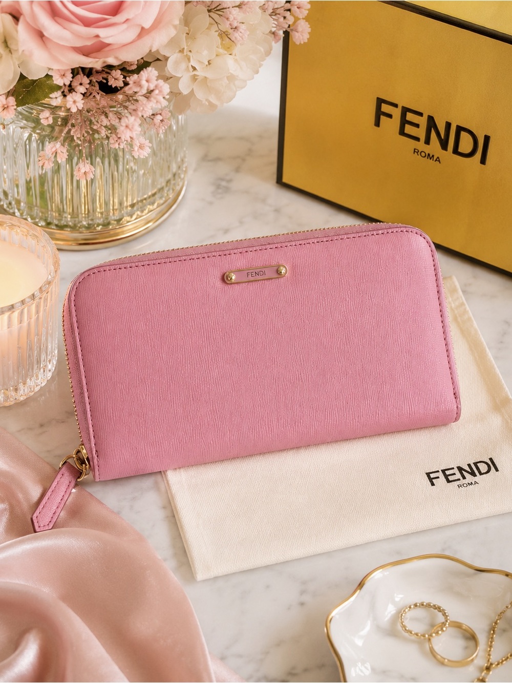 Fendi Pink Leather Zip Around Wallet Gold Hardware Made in Italy